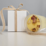 Unique decorative candle handmade in Ireland, crafted from soy wax with natural flowers and healing crystals