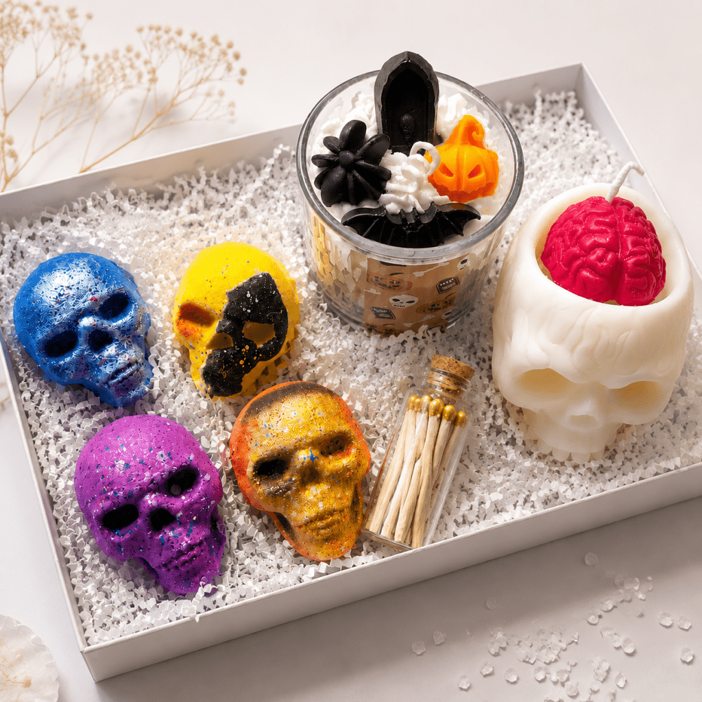 Luxury Halloween bath gift box with four handmade skull bath bombs, artisan candle and premium self-care gifts, handmade in Ireland.
