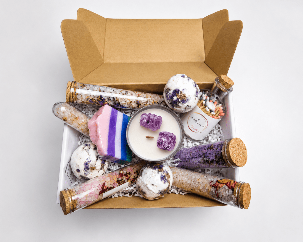 Luxury lavender spa gift box with amethyst candle, bath salts, bath bombs and coconut soap